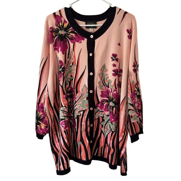 BOB MACKIE Women's 3X Pink Wearable Art Floral Button 3/4 Sleeve Cardigan Artsy - Picture 1 of 7